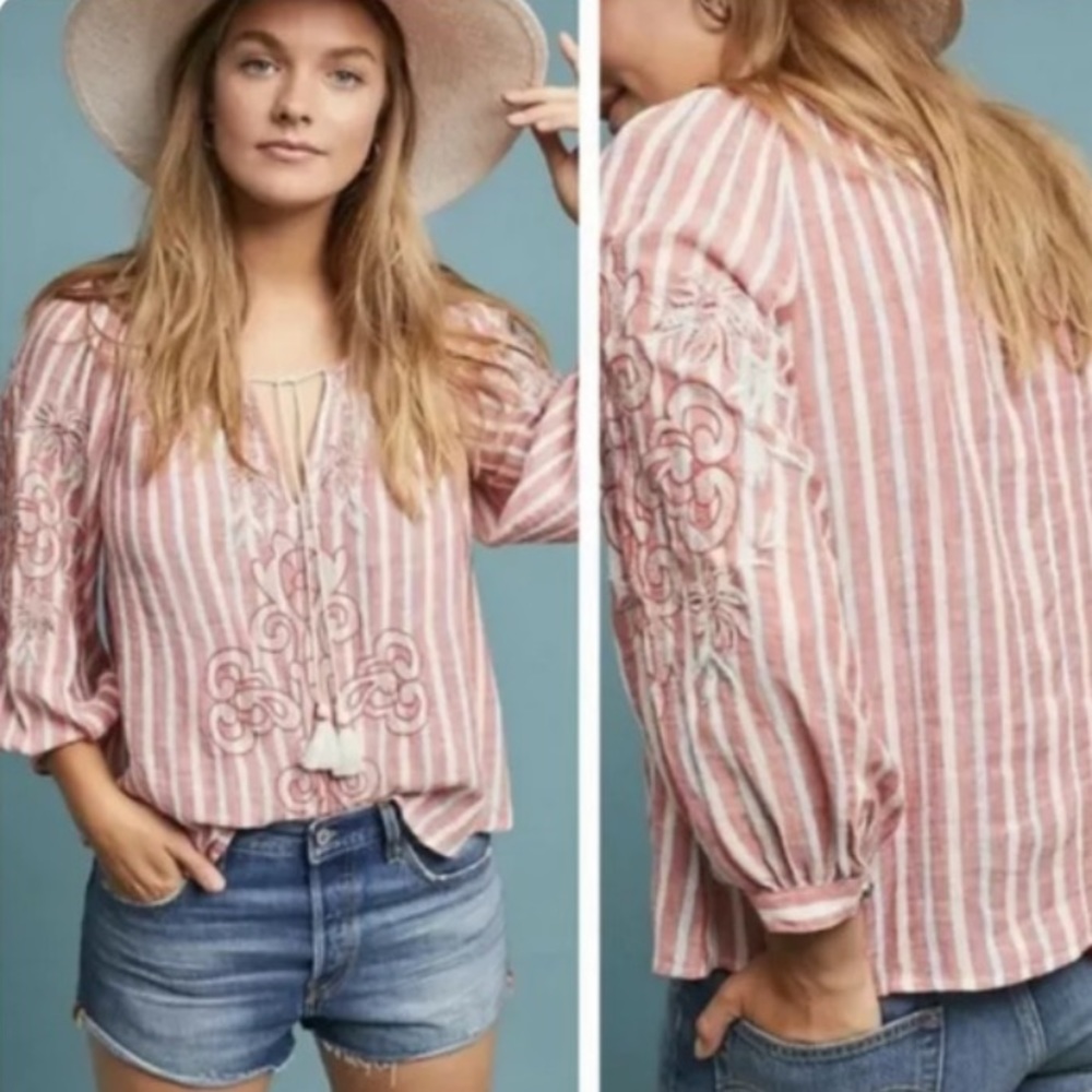Anthropologie Sz Xs Peasant Blouse Audria Striped